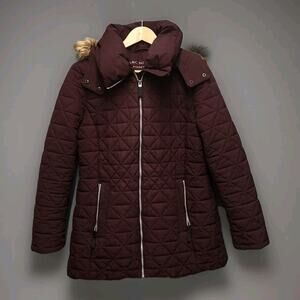 Marc New York Quilted Puffer Wine Faux Fur Hooded Mid Length Coat Large